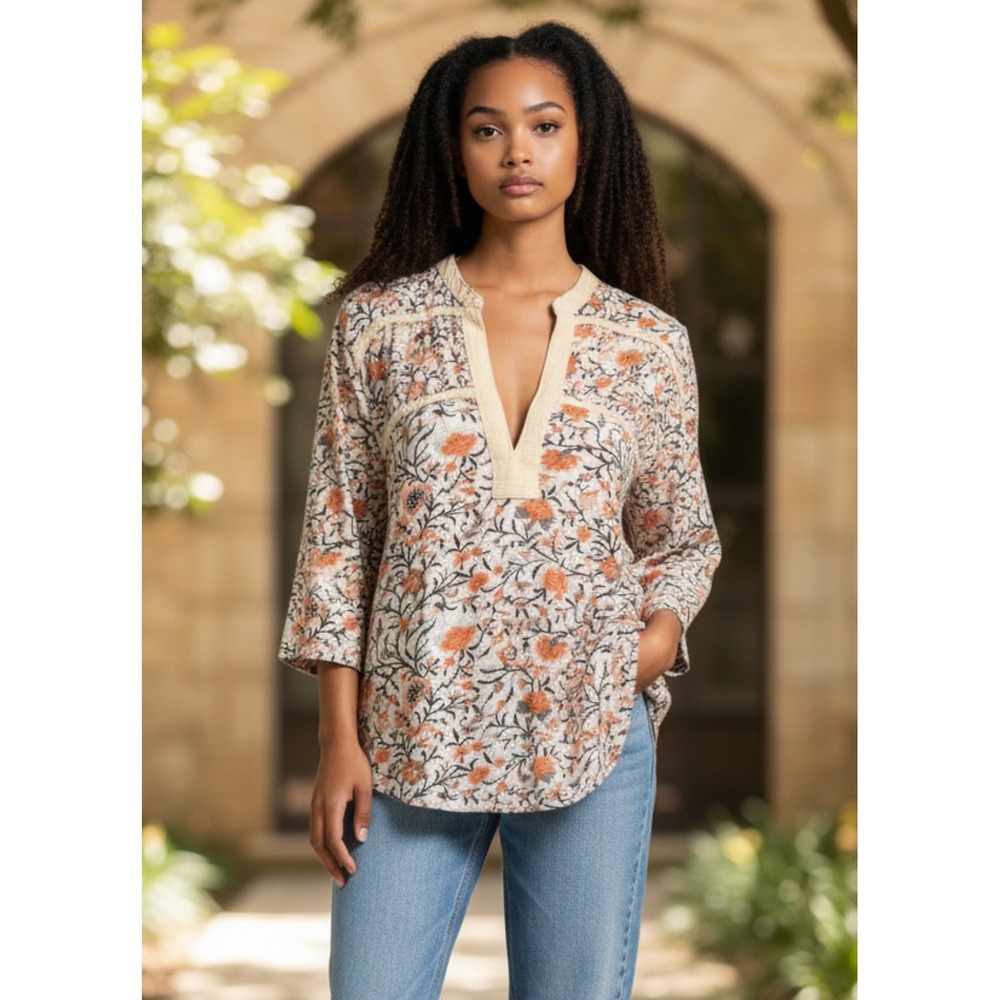 Lucky Brand Floral Tunic Top Blouse Orange Cream Size XS‎